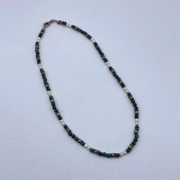Malachite & Pearl Beaded Necklace With Silver-Tone Accents And Lobster Clasp - Picture 1 of 4